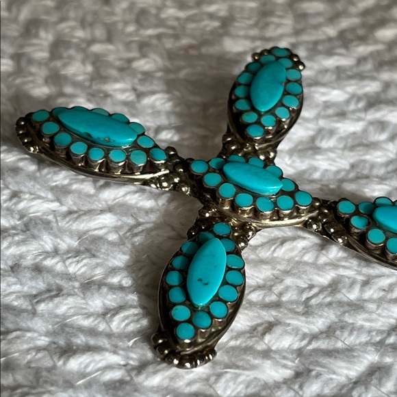 Large N Dishta Zuni Turquoise Cross Pendant Sterling Silver Inlay Navajo NM Vtg - Picture 13 of 15
